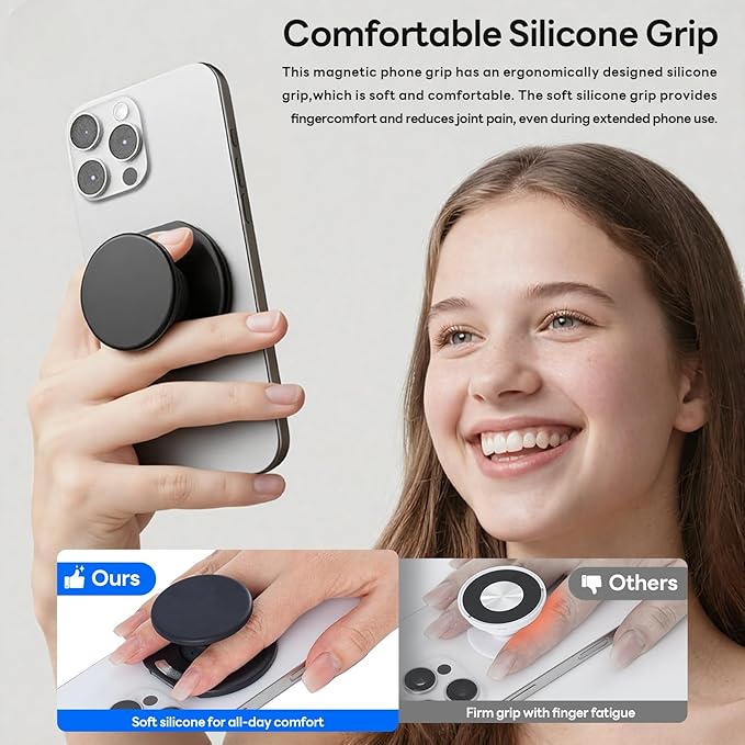 for MagSafe Phone Grip, Magnetic Phone Grip Holder Built-in Phone Stand, Magnetic Collapsible Expandible Phone Grip with Adjustable Kickstand for Portrait or Landscape, Translucent Pink