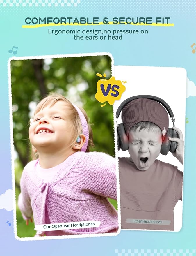 iClever Kids Headphones, Bluetooth 5.4 Air Conduction Open Ear Headphones, Safe Volume 74&85 dBA, Clear Audio, 360° Bending, Ultra-Light Comfortable Kids Wireless Headphones for iPad/Travel/Sports