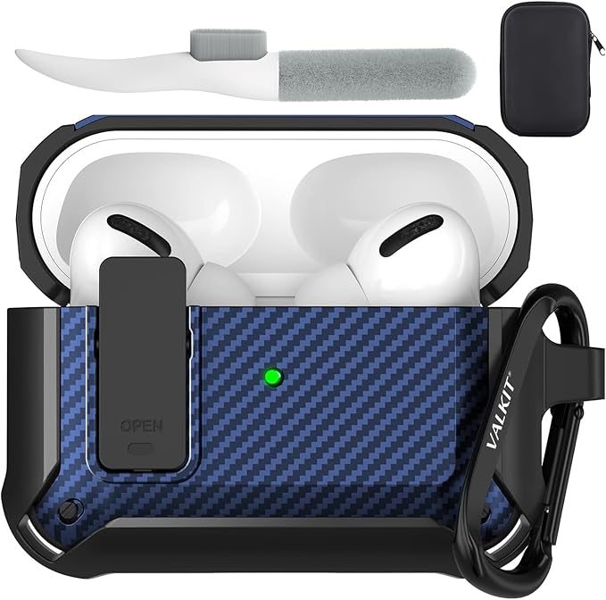Valkit Compatible Airpods Pro Case with Lock Clip, Carbon Fiber Texture Air Pod Pro Case Cover with Keychain for Men Women Cool AirPod Pro Shockproof Protective Case for AirPods Pro 2019, Black/Blue