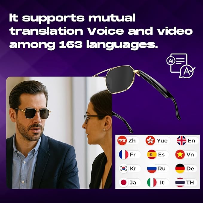 AI Translator Aviator Smart Glasses—Hands-Free Voice Translation in 164 Languages,Bluetooth Audio&Voice Assistant,UV400 Classic Sunglasses,IP67 Waterproof Smart Eyewear for Travel
