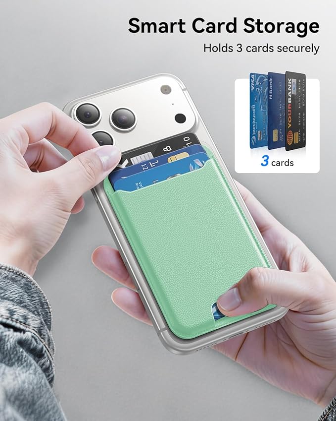 for MagSafe Wallet, 3 Cards Holder, Slim Magnetic Phone Wallet for iPhone 17/16/15/14/13/12 Pro Max Plus Air Series,RFID Blocking Vegan Leather,Light Green