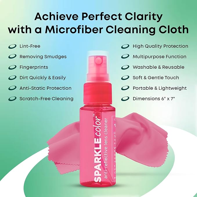 Sparkle Anti-Reflective Safe Lens Cleaner Spray Kit - (2) 1oz Glasses Cleaner Bottle & (2) Microfiber Cloth for Eyeglasses, Sunglasses, Lenses, Screens and Camera Cleaning Kit (4 Piece Set)