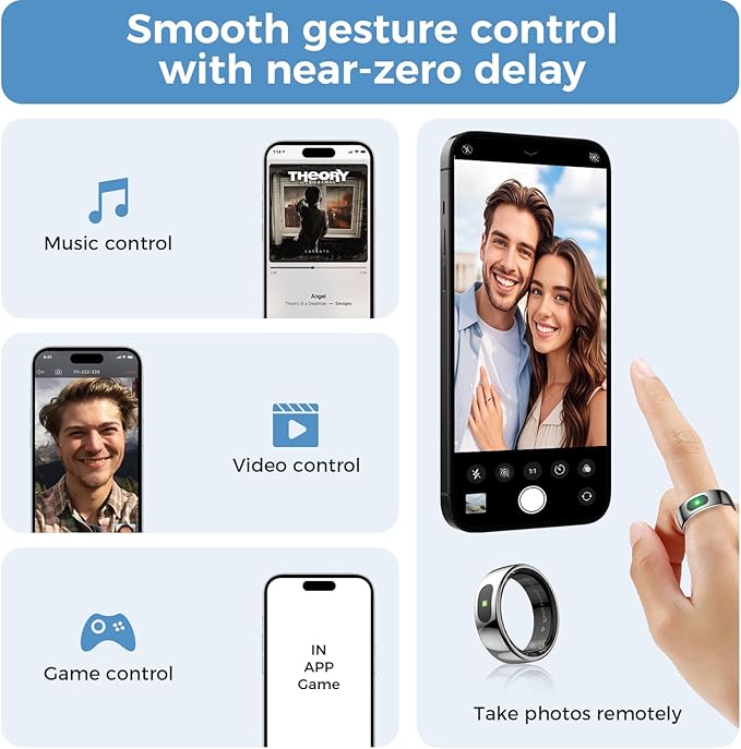 Smart Ring with Instant Notification Alerts & Gesture Control - Sleep Tracker Ring, Fitness Ring for Steps & Heart Rate, IP68 Waterproof (Silver, 9)