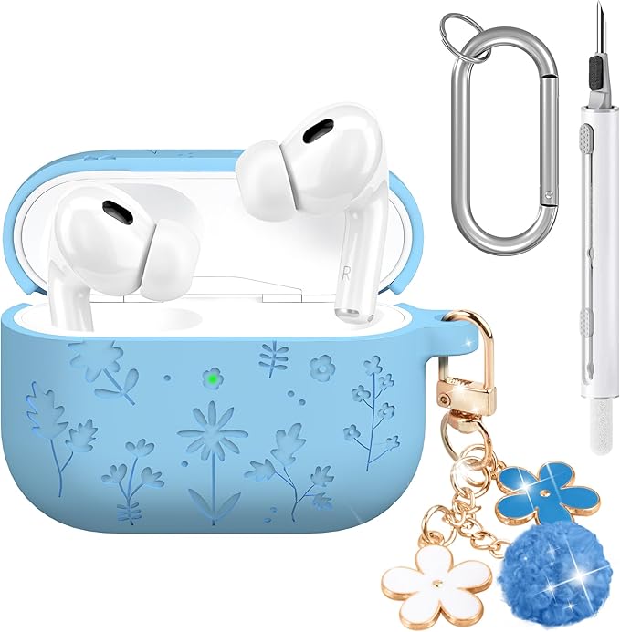 Seltureone Compatible with AirPods Pro 3 Case 2025 Cute with Cherry Blossom Keychain and Cleaning Kit, Soft Silicone Shockproof Flower Engraved Compatible with AirPod Pro 3 Case Cover - Baby Blue