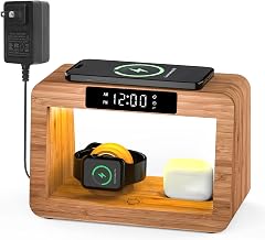 Bamboo Wireless Charging Station, Night Light with Digital Alarm Clock, Nightstand Charging Station for Apple Devices, Fast Wireless Charger for iPhone/Apple Watch/AirPods Pro - Image 1
