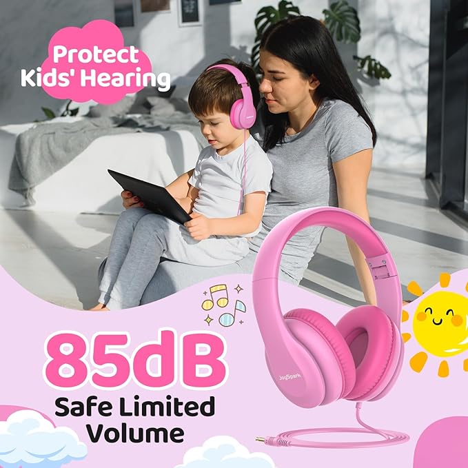 Wired Headphones for Kids, 85dB Volume Limit, 3.5mm Kids Headphones with Cord, Adjustable, Stereo Sound Foldable Toddler headsets for School-Pink