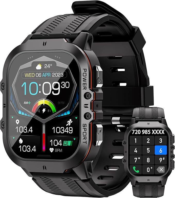 Smart Watches for Men, 1.96" HD AMOLED, Rugged Military (Answer/Calls/Dial) Fitness Tracker, Extra-Long Battery Life, AI Assistant/Sleep Monitor, 100+ Sport Modes, Black & Orange