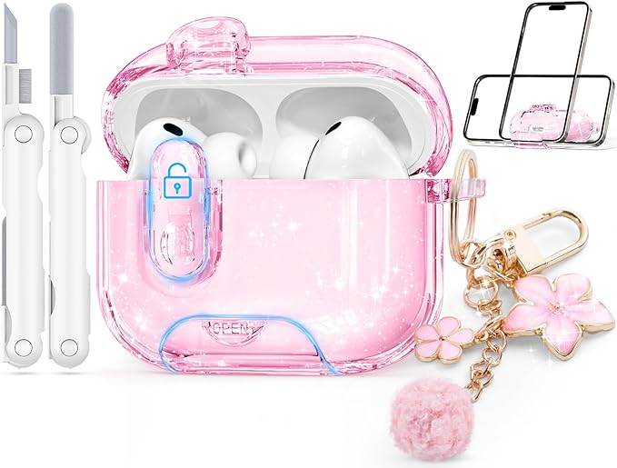 Clear Case for AirPods Pro 3 Case Cover with Safety Lock,Soft TPU Cover with Phone Stand & Cleaning Kit,Cute Bling Keychain for Women Girls-Glitter Pink