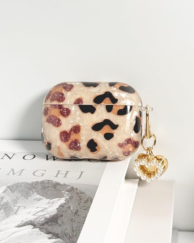 Compatible with AirPods Pro 3 Case Cute, Shell Cheetah Print Pattern Shockproof Protective Cover for Girls Women with Heart Keychain Designed for AirPod Pro 3rd Generation(2025), Leopard