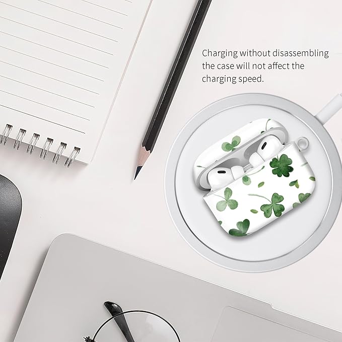 Compatible with Airpod pro 2nd/1st Generation Case Cover with Gold Round Keychain Cute Pattern Hard & Anti Slip Cover for Men Women & Girls（Green Leaves）