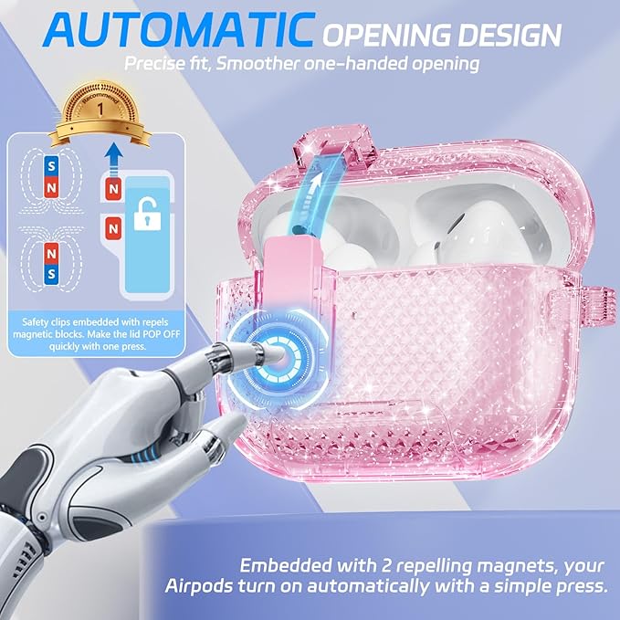 for AirPods Pro 2 Case with Phone Stand & Secure Lock, Auto-Open Clear Cover Compatible with Apple AirPods Pro 2nd/1st Gen (2023,2022,2019) with Cleaning Kit & Keychain (Shine-Clear Pink)