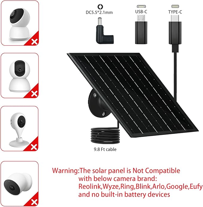 Solar Panel for Security Camera 5V 6W USB Solar Panel Charger Type-C Port、Micro USB Port＆DC Port Solar Sanels for Cameras with 9.8ft Charging Cable Charging Power IP65 Waterproof (2 Pack Black)