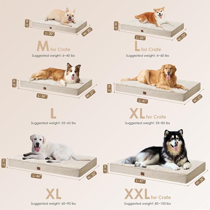 EHEYCIGA Memory Foam Dog Bed Orthopedic 30"x20"，Waterproof Pet Bed for Medium Dogs ，Washable Pet Mat with Removable Cover, Beige