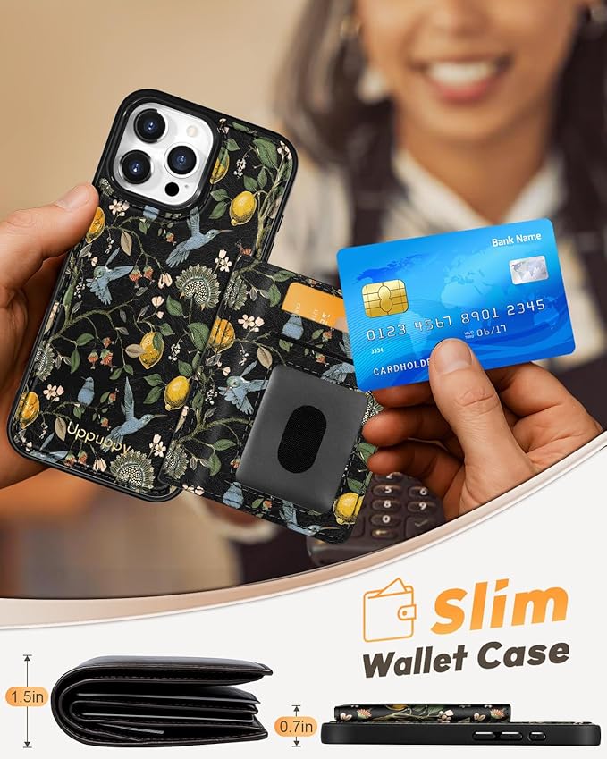 for iPhone 16 Pro Case with Wallet - Fits 4 Card Slots, Compatible with MagSafe for Women Aesthetic Durable PU Leather Credit Card Holder Kickstand Phone Cover for Apple 16 Pro, Lemon Bird