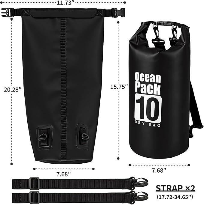 kullder Waterproof Dry Bag 10L, Roll Top Closure Black Water Proof Backpack, Heavy Duty Hunting Backpack, Durable Floating Dry Bag for Kayaking Boating Hiking with 7" Black IPX8 Waterproof Phone Case