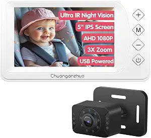 S100P Baby Car Camera with Ultra Night Vision, 5'' HD 1080P IPS Baby Car Monitor with 3X Zoom, Backseat/Carseat/Rear Seat Camera USB, Easy No-Damage Install, Safety for Infants and Pets (5 inch White)