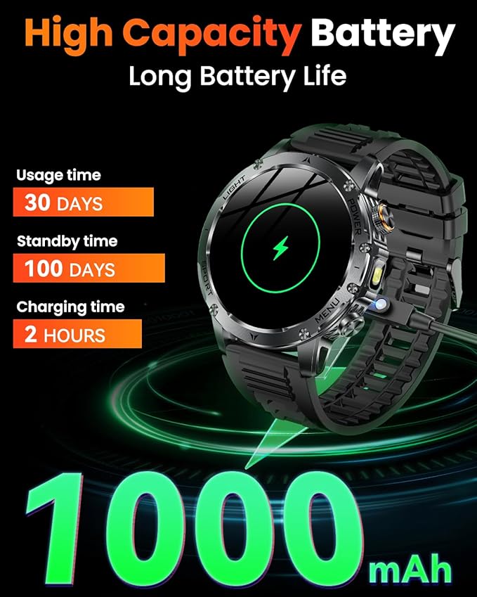 Military Smart Watches for Men, Smart Watch with 1000 mAh Battery/Answer/Dial Calls/Fitness Tracker/Flashlight/Heart Rate/Sleep Monitor/100+ Sports Mode, 1.7″ Waterproof Smartwatch for Android/iPhone