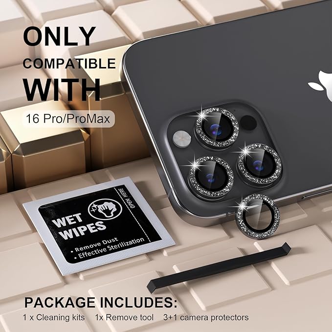 Misea Compatible for iPhone 16 Pro/iPhone 16 Pro Max Camera Lens Protector Bling, 9H Tempered Glass Camera Cover Screen Protector Metal Individual Ring Protector Decoration Accessories, Black Glitter