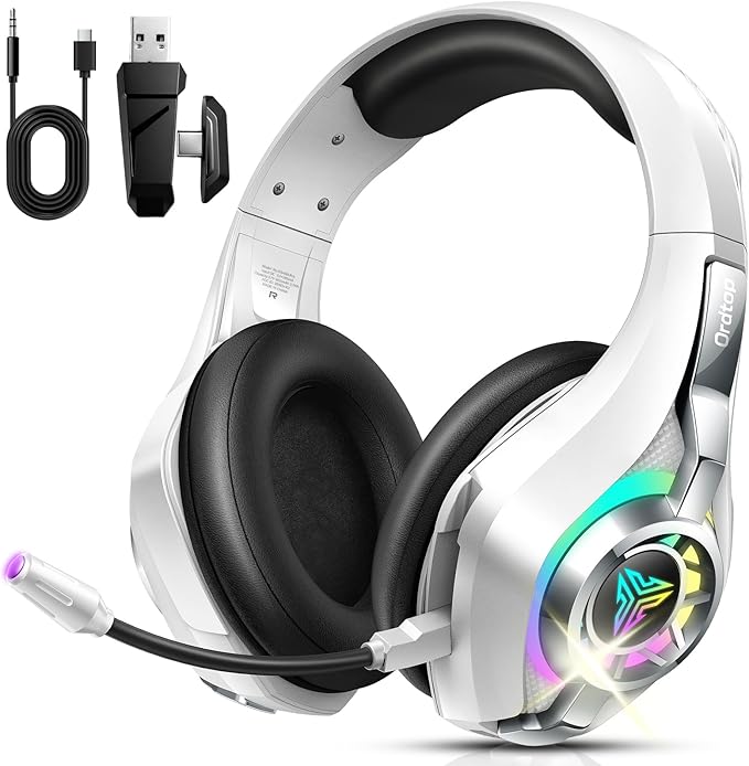 Ordtop 2.4GHz Wireless Gaming Headsets for PS5/PS4/Switch, 2026 RGB Noise Cancelling Headphones with Mics, 7.1 Surround Sound, 40mm Drivers, 276g Ultraligero, Memory Foam, 45H Gaming Headphones