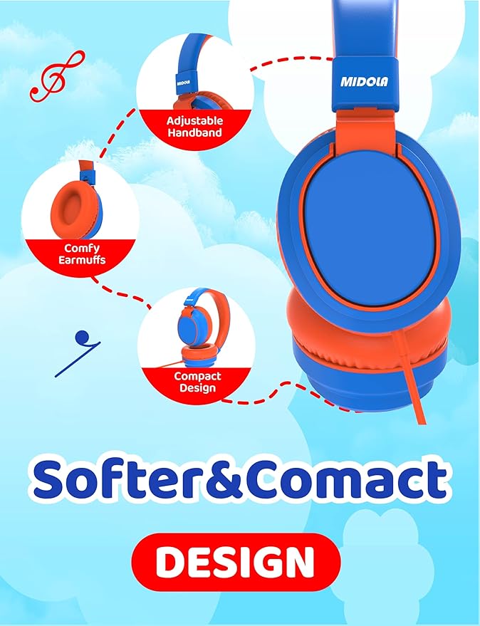 MIDOLA Kids Headphone Wired Volume Limited 85/94dB Over-Ear/On-Ear Foldable Headset with Microphone Hearing Protection Headphones for Toddler Boy Girl Child School Learning Pad Tablet Blue