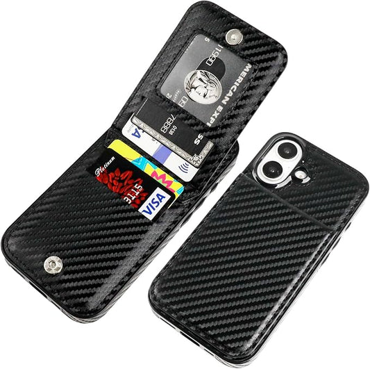 KIHUWEY Compatible with iPhone 16 Case Wallet with Credit Card Holder, Flip Premium Leather Magnetic Clasp Kickstand Heavy Duty Protective Cover for iPhone 16 6.1 Inch (Carbon Black)