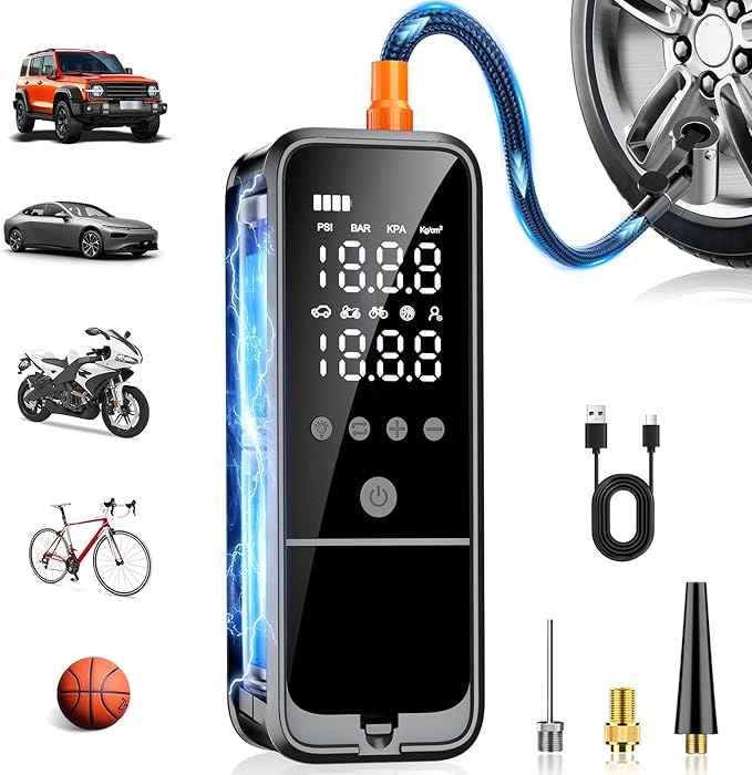 Tire Inflator Portable Air Compressor, Portable Air Pump with Tire Gauge Pressure & LED Light Air Pump for Car Tires Portable Tire Inflator for Car Cordless Bike Pump for Car (Black)