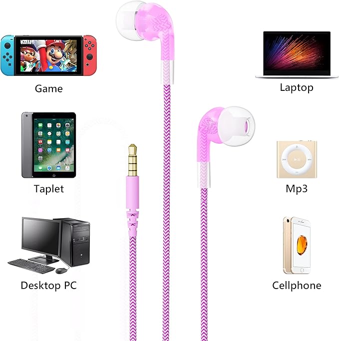 GEEKRIA Kids Wired Earbuds with Mic & Volume Control for School and Online Class, Children's 3.5mm Jack in-Ear Earphone with 85dB Volume Limit for Small Ears, Storage Case Included (Pink)