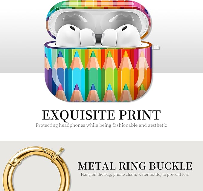 Case for AirPod Pro 3 Shock-Proof Protective Hard Case with Golden Keychain Compatible with Apple Airpods Pro 3rd Generation 2025 (Rainbow Pencil Pastel Vibes)