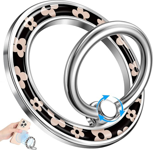 Magnetic Phone Ring Holder Compatible with MagSafe - Cell Phone Grip Magnet Removable Finger Ring Grip Stand Cute Girly Kawaii Design for iPhone 17 Pro Max 16 15 14 13 12 Series Black Flowers