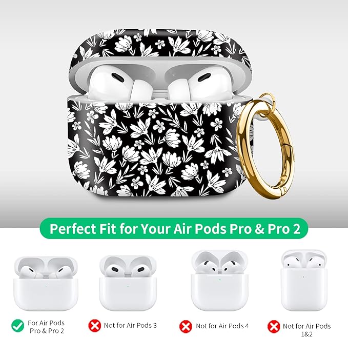 Compatible with Airpod pro 2nd/1st Generation Case Cover with Gold Round Keychain Cute Pattern Hard & Anti Slip Cover for Men Women & Girls（White Flower）