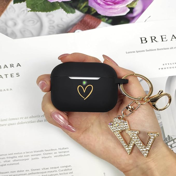 Compatible with AirPods Pro 3 Case Cover (2025), Soft Silicone Case with Gold Heart Pattern for AirPods Pro 3rd Generation Case with Rhinestone Studded Letter A-Z Keychain (W Black)