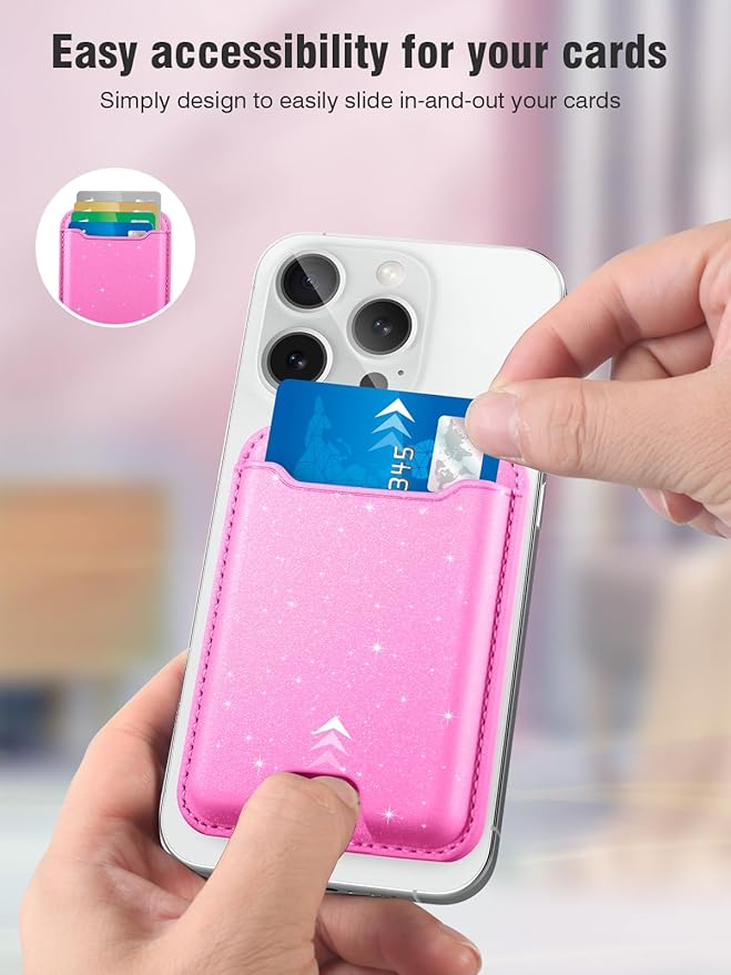 TopMade for Magsafe Wallet, Sparkle Magnetic Card Holder for iPhone 17, iPhone 16/15/14/13/12 Series, Leather Magnetic Phone Wallet with Powerful Magnet, RFID Blocking, Fit 4 Cards, Glitter Pink