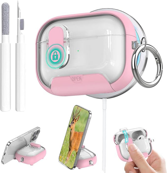for Airpods Pro 3 Case Clear,Secure Lock for Airpods pro 3rd Generation Case Cover with Phone Stand and Magsafe Function,Auto Pop-up,Hybrid Protection Design with Carabiner&Cleaning Pen-Pink