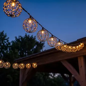 Outdoor Patio String Lights, 8.5FT 10 LED Beaded Copper Wire Ball Lights, Connectable Weather-Resistant Decorative Lights for Pergola, Porch, Bedroom, Backyard & Party
