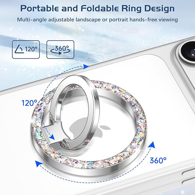 DOMAVER Magnetic Phone Ring Holder, Compatible with MagSafe Phone Grip Stand with 360° Rotation Finger Ring Kickstand for iPhone 17/16/15/14/13/12 Pro Max Plus Air/Other Phones - Silver Glitter