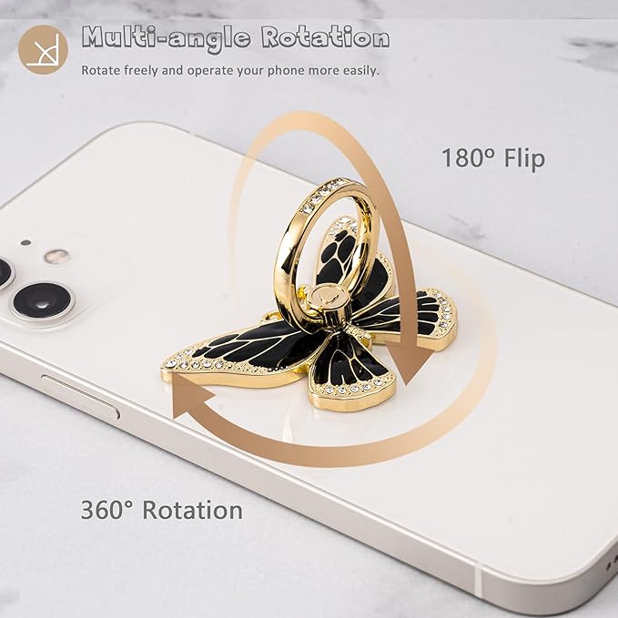 Butterfly Cell Phone Ring Grip Holder, 360 Degrees Rotation, Metal Finger Kickstand Compatible with iPhone, Samsung Galaxy, LG Google Pixel, Android Phone