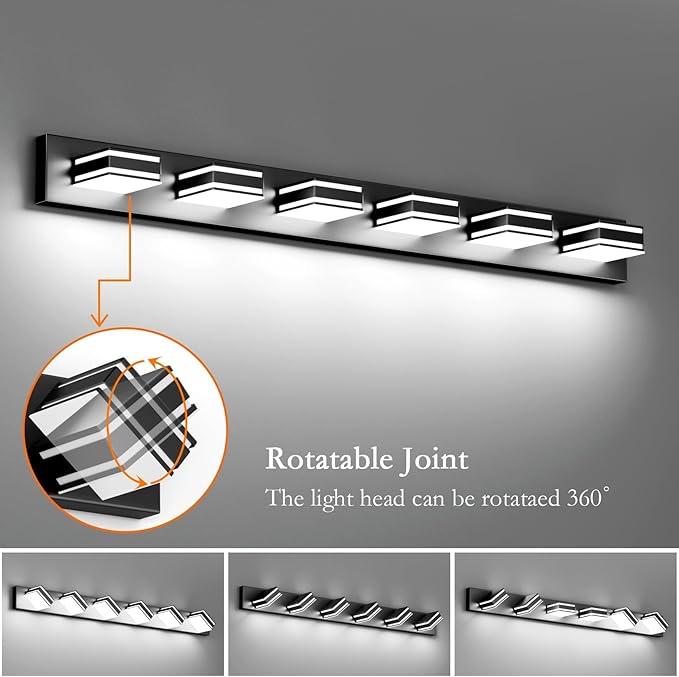 Ralbay 48inch Modern LED Vanity Light for Bathroom 6-Light Acrylic Modern LED Matte Black Bathroom Wall Vanity Lighting Fixtures Over Mirror