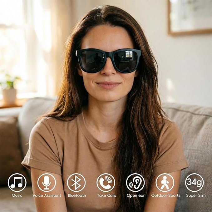 Smart Glasses | Bluetooth Glasses | 34g Ultra-Light Frame for Outdoor | Hands-Free Calls, Music & Voice Control | 8-10H Battery USB-C Charging(Black Polarized UV400 Lenses)