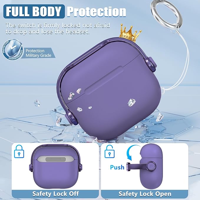 with Safety Lock for Airpods 4 Case, TPU Case for Apple Airpods 4 Case 2024 USB-C with Cleaner Kit, Drop Protection Airpods 4 Case Cover with Lock and Keychain, Charm Purple