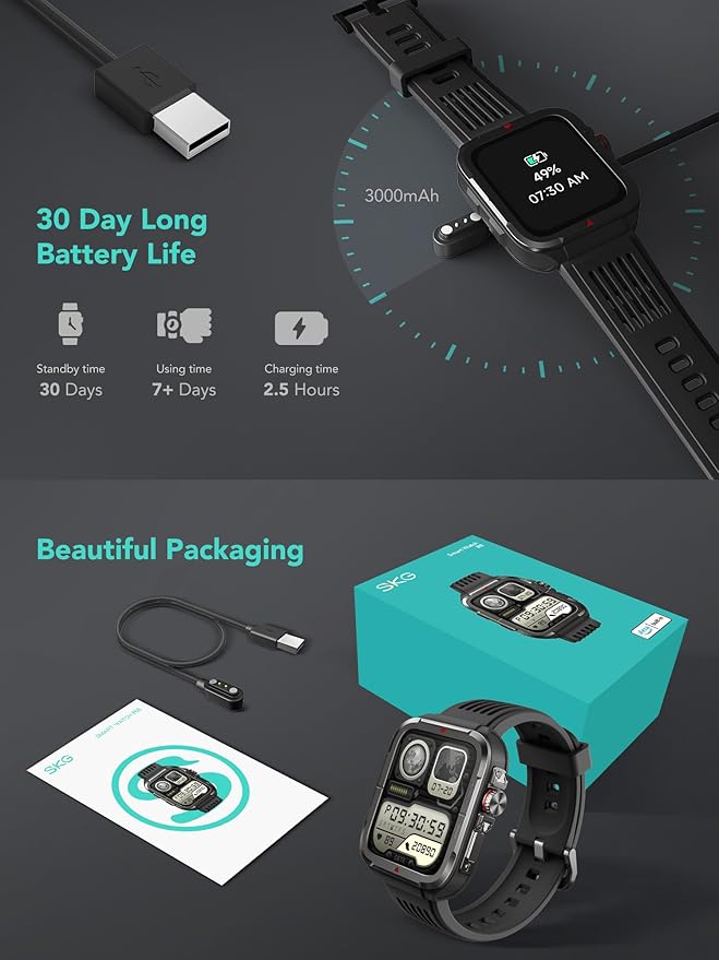 SKG Smart Watch for Men Women, 1.8" Men's Military Smartwatch for Android iPhone with Alexa Built-in, IP68 Waterproof, Fitness Tracker with 100+ Sports, R8