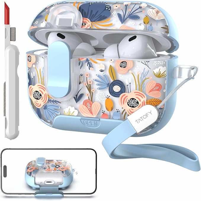 TATOFY for AirPod Pro 3 Case (2025) with Phone Stand Lanyard Lock Cleaning Kit, Compatible with Magsafe, Flowers Hard AirPods Pro 3rd Generation Cover for Women (Blue, AirPods Pro 3)