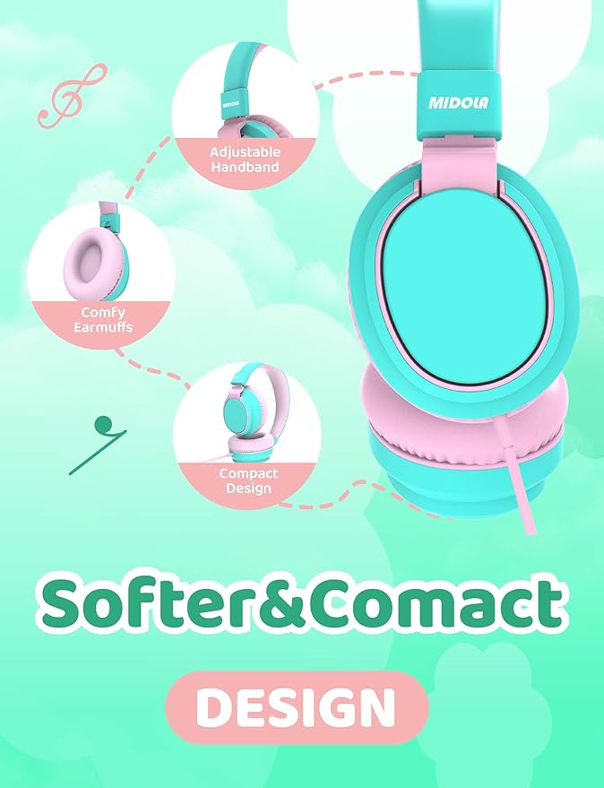 MIDOLA Kids Headphone Wired Volume Limited 85/94dB Over-Ear/On-Ear Foldable Headset with Microphone Hearing Protection Headphones for Toddler Boy Girl Child School Learning Pad Tablet Cyan