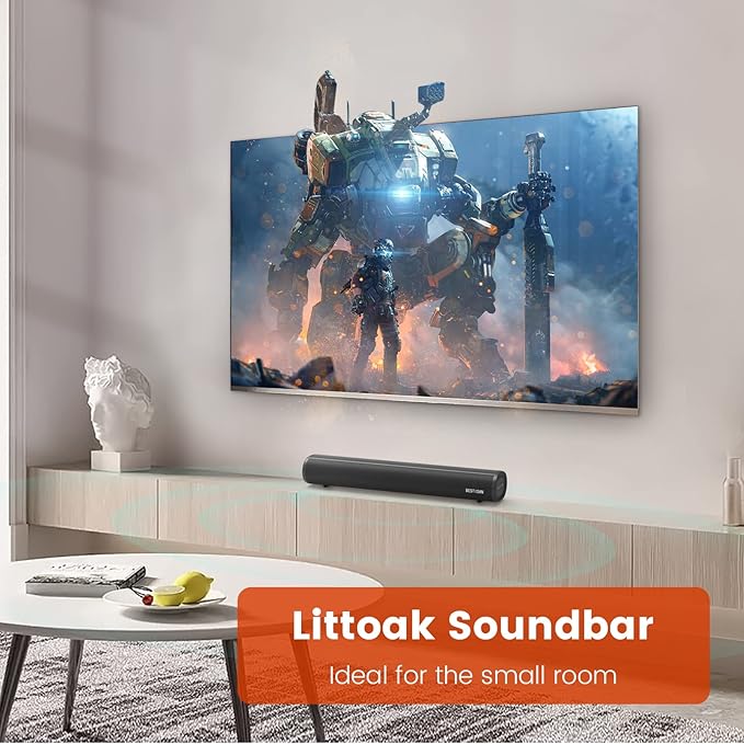 HDMI Sound Bar for Smart TV, Small TV Sound Bar Speakers, Optical/HDMI/Aux/Coax/USB/Bluetooth Connection for TV, PC, Projectors, Includes Remote Control, 16 inch