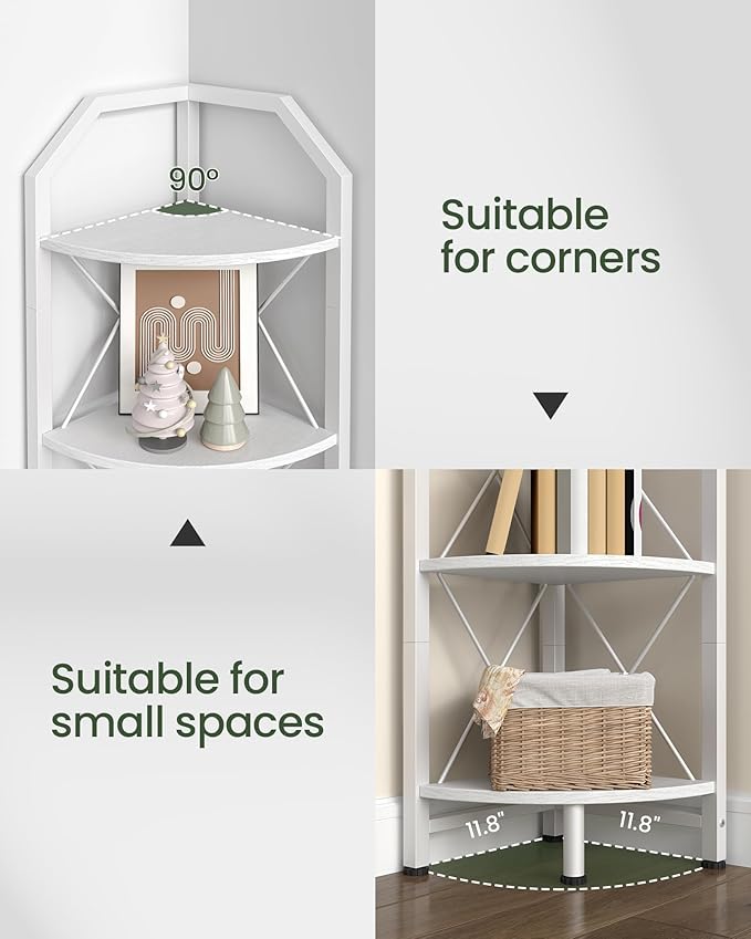 4-Tier Corner Shelf, Industrial Corner Bookshelf, 47.6" Corner Storage Stand, Plant Stand Display Shelf, Corner Bookcase for Bedroom, Living Room, Home Office, White TCJ09WB