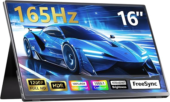 16" Portable Monitor, 165Hz Portable Gaming Monitor with Protective Sleeve
