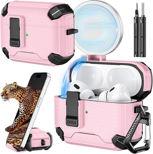 Inesore Compatible with AirPods Pro 2nd/1st Generation Case Cover with Phone Stand & Cleaning Kit,Compatible with Magsafe,Magnetic Automatic Lock for iPod Pro Charging Case(USB-C/Lightning Cable)