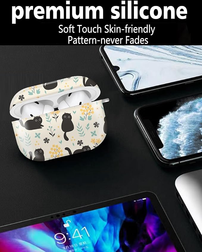 Compatible with Airpod pro 2nd/1st Generation Case Cover with Gold Round Keychain Cute Pattern Hard & Anti Slip Cover for Men Women & Girls(Cute Cat)