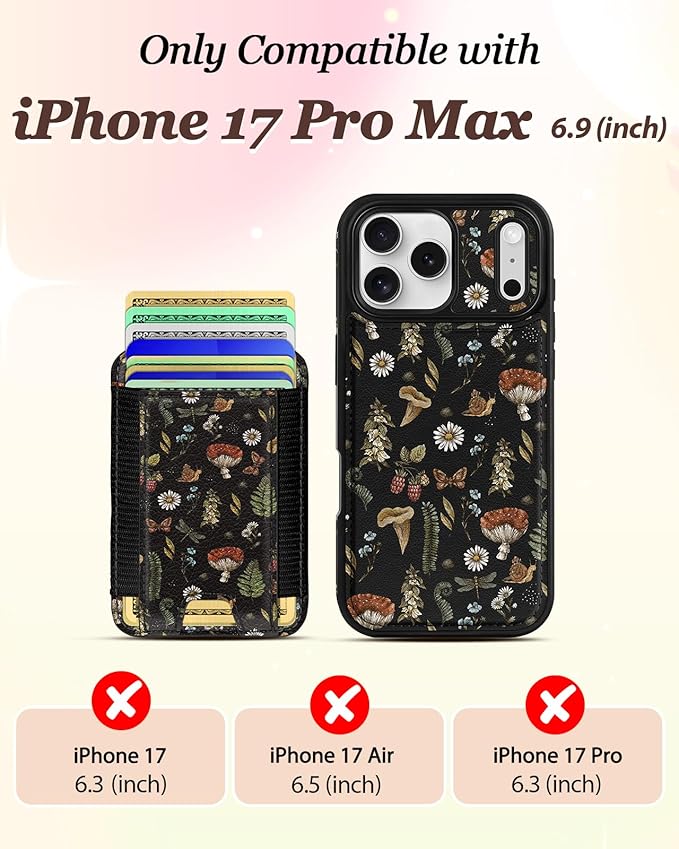 Shorogyt for iPhone 17 Pro Max Case Wallet - Fits 5 Cards, Compatible with Magsafe Detachable Magnetic Credit Card Holder Leather Cardholder Cute Phone Cover Women Girls for Apple 17 ProMax, Mushroom