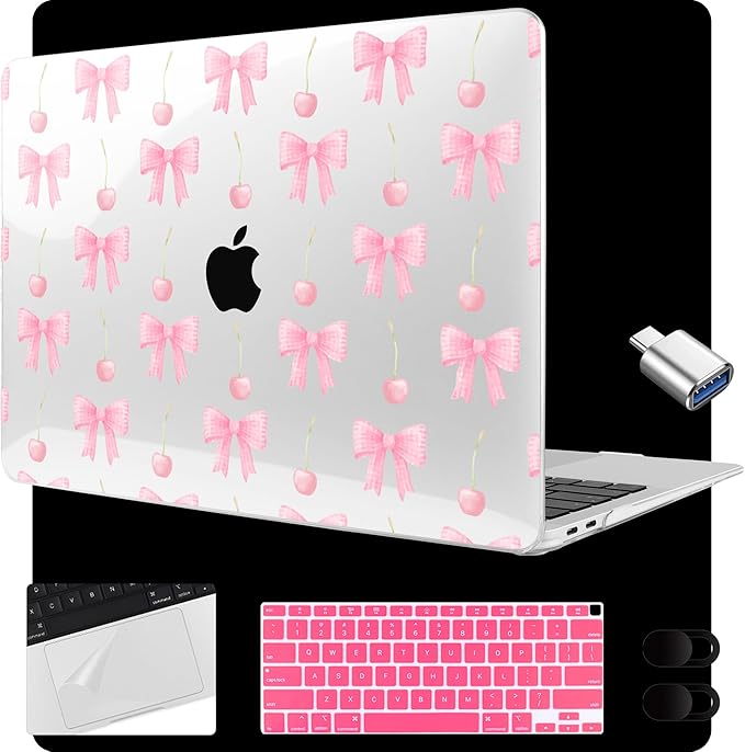 MEEgoodo for MacBook Air 13.3 inch Case 2021 2020 2019 2018 A2337 M1 A2179 A1932, Laptop Shell for MacBook Air M1 with Keyboard Webcam Cover & Trackpad Film & Type C Adapter,Cherry & Pink Bows