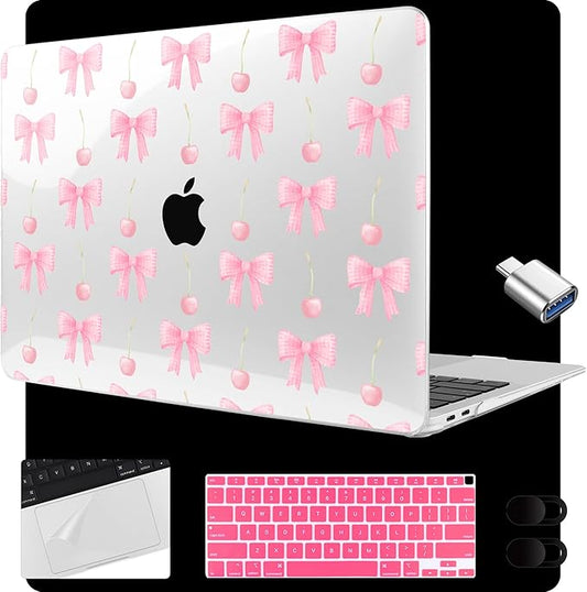 MEEgoodo for MacBook Air 13.3 inch Case 2021 2020 2019 2018 A2337 M1 A2179 A1932, Laptop Shell for MacBook Air M1 with Keyboard Webcam Cover & Trackpad Film & Type C Adapter,Cherry & Pink Bows